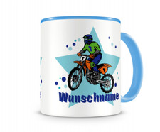 Kinder-Tasse mit Namen und einem MotoX Motorrad Fahrer als Motive Kaffeetasse