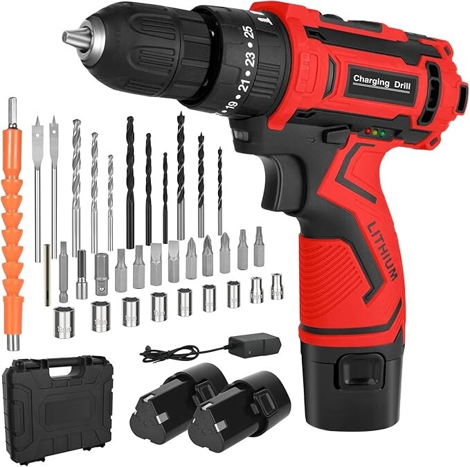 Trapano Avvitatore Cordless 12V Kit: 34 Pz, 2 Batterie 2Ah Incluse