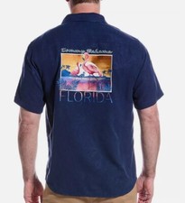 CAMISA DE CAMPAMENTO DE SEDA TOMMY BAHAMA BORDADA FLAMENCO PUESTA DE SOL GRANDE, XL