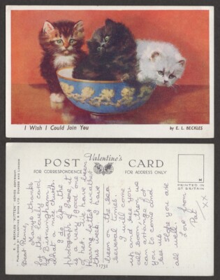 Old Cat Postcard   Artist Signed E.L, Beckles   Kittens, Wish I Could Join You