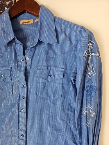 WRANGLER donna taglia small blu western bottoni a pressione maniche lunghe righe metalliche