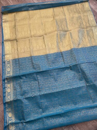 Indian Women's NEW Brocade Artificial Silk Sari SAREE Blue w/GOLDEN Border 1001