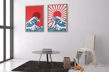 Japan wave illustration contemporary modern shape art prints | set of two