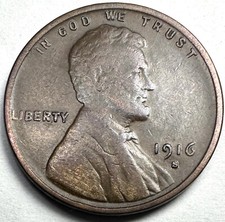 1916-S LINCOLN WHEAT CENT PENNY VERY FINE VF FULL WHEAT LINES SHARP! BROWN