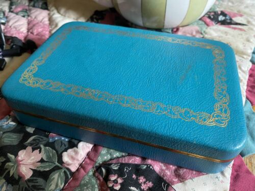 Vintage Farrington Jewelry Box Genuine Texol Teal W/ Pink Silk and Starbursts