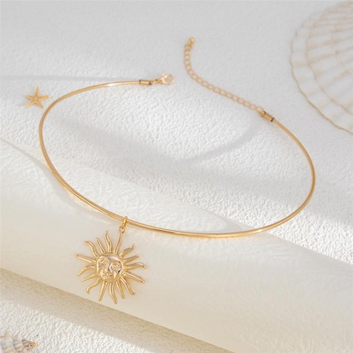 Smooth Sun Pendant Neck Chain Gold Metal Thin Torques Jewelry for Women - Picture 7 of 13