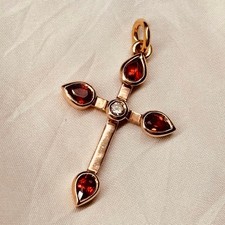 Resale OK 9K Pink Gold Cross Pendant Diamond x Garnet Handmade