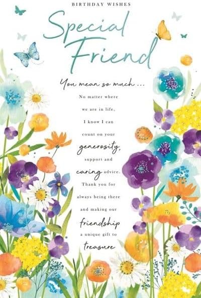 Special Friend Birthday Card. Sentimental Verse and Flowers. 23x15cm