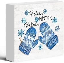 Warm Winter Wishes Christmas Wood Box Sign Desk Decor, Winter Decorations Indoor