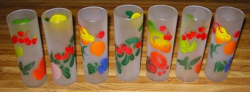 Vintage Federal Glass Frosted Fruit Tom Collins/Iced Tea Glasses/SEVEN/Excellent