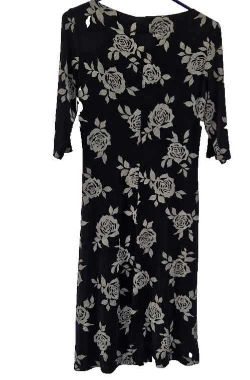 Vintage La Belle Y2K Dress M Black Floral Viscose 3/4 Sleeve Midi Late 90s - Image 2 of 4