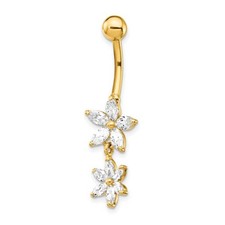 14k Gold 14 Gauge CZ 2-Flower Dangle Belly Ring