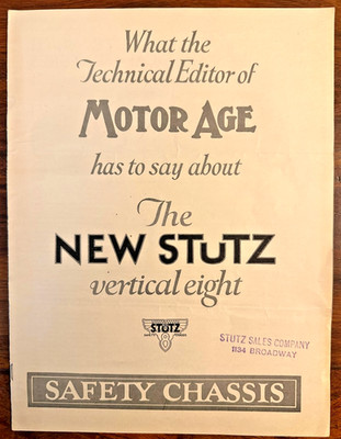 Original 1925 The NEW Stutz Vertical Eight Auto Technical Assessment MOTOR AGE