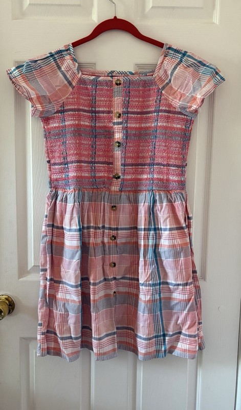 Lands' End Girl's Smocked Woven Dress Salt Washed Pink Plaid 16+ NWOT