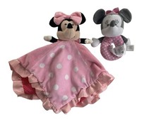 Lot - Disney Baby Pink Minnie Mouse 13" Lovey Blanket 6" Rattle Plush
