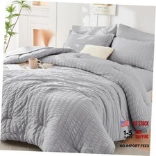 Light Grey Queen Comforter Set Seersucker 7 Pieces, All Season Luxury Bed in