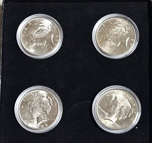 Lot of 4 Beautiful Peace Silver Dollars, AU, 90% Silver Content, 1922-1924 UNC