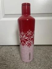 Corkcicle 25oz Canteen Red White Snowflake Holiday Edition Stainless Steel Bottl