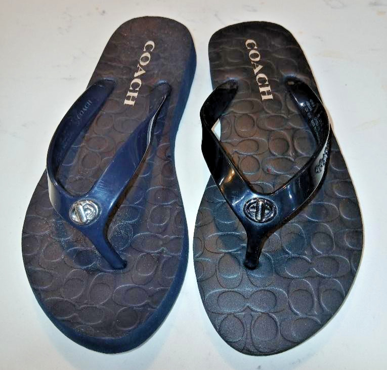 Coach Devlynn Gold Metal  Flip Flops - Solid Black - Sz 5/6