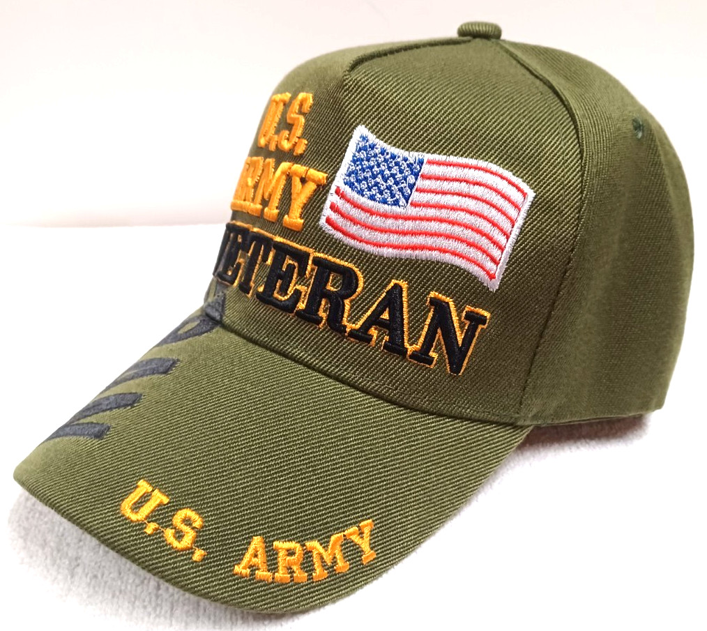 U.S. ARMY VETERAN MILITARY CAP ARMY HAT DARK GREEN WITH SHADOW AMERICAN FLAG