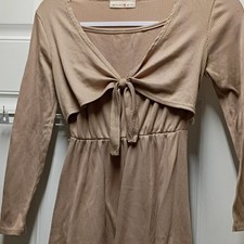 Glitter Girl Beige Ribbed Long Sleeve Tie Front A-Line Knee Length Girls Dress