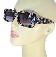 ED HARDY Glossy Black Rectangular Sunglasses Vibrant Tattoo Flower Pattern