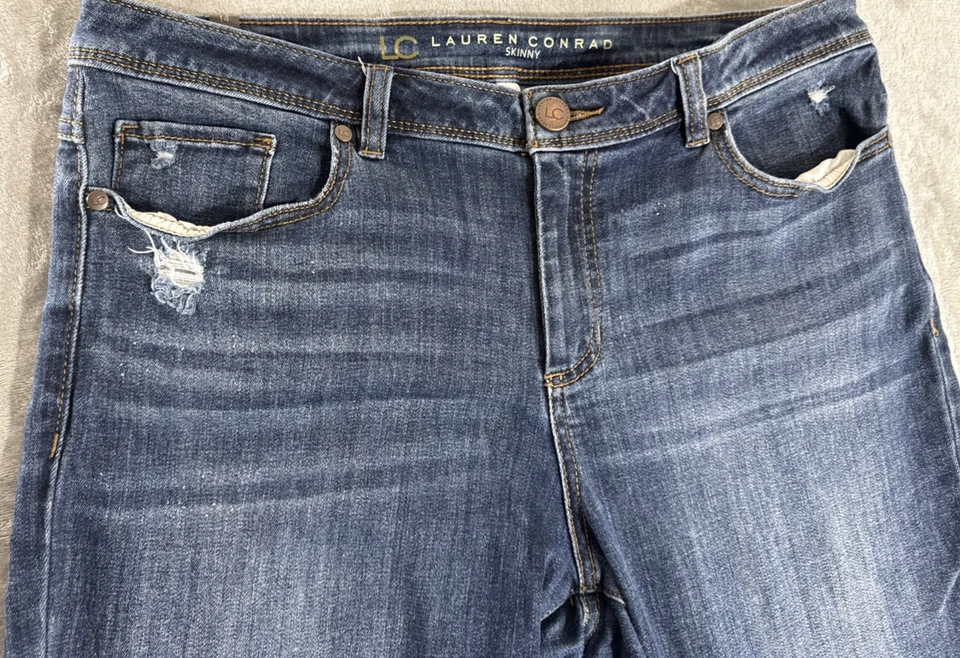 Jeans Lauren Conrad feminino tamanho 14 skinny boho bainha crua desgastada cintura média anos 80 - Imagem 3 de 4
