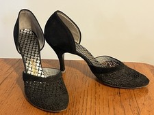 Vtg 50's-60's Ladies Fancy Spike Heel Black Velvet Cutwork Design Sz 7.5