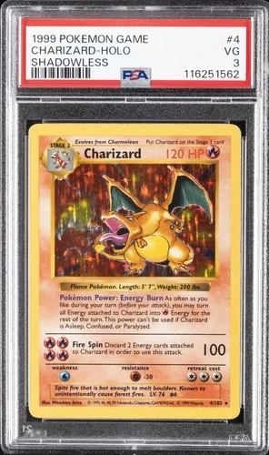 PSA 3 graded 1999 Base Set shadowless Charizard in a PSA slab