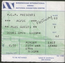 AC/DC/FASTWAY Birmingham NEC 20/1/86 Biglietto Usato Per Concerto 20