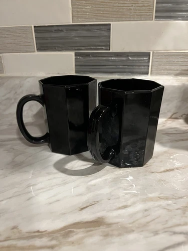 Vtg Set of 2 Black Arcoroc Octime Glass Octagon Dinnerware Made France Mugs Cups