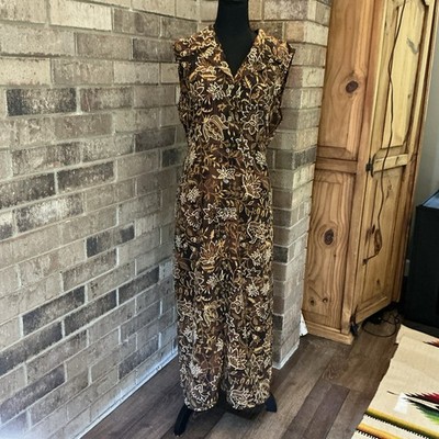 R&K Originals Brown Floral Batik Print Maxi Dress Sleeveless Button Size 16 37E5