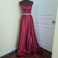 Satin Prom Maxi Red Dress Long Ball Gown with Slit Backless Spaghetti Straps