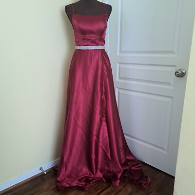 Satin Prom Maxi Red Dress Long Ball Gown with Slit Backless Spaghetti  Straps