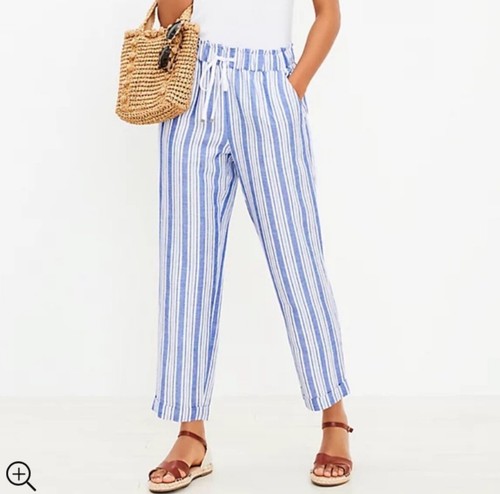 LOFT Linen Pants Emory Taper Women's Size L Blue White Stretch Pockets Vacation