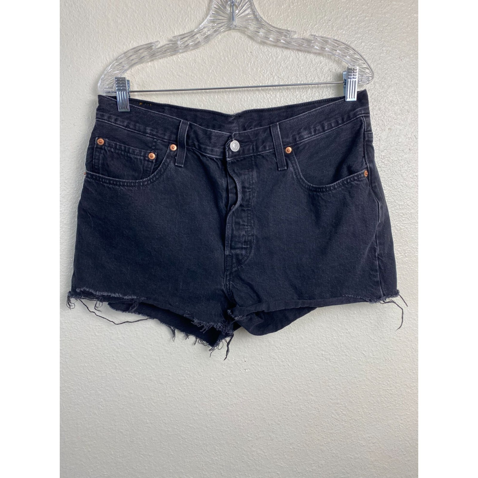 Levi's 501 High Rise Button Fly Denim Shorts Faded Black Women Size 32 Cut off