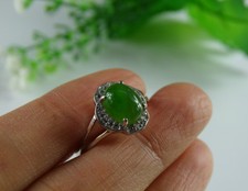 Cert'd Fine Type A Green Emerald Hetian Nephrite Jade Oval Cabochon S925 Ring