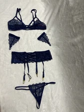 seven til midnight blue lace bra Finger Loop Gloves garter belt thong set large