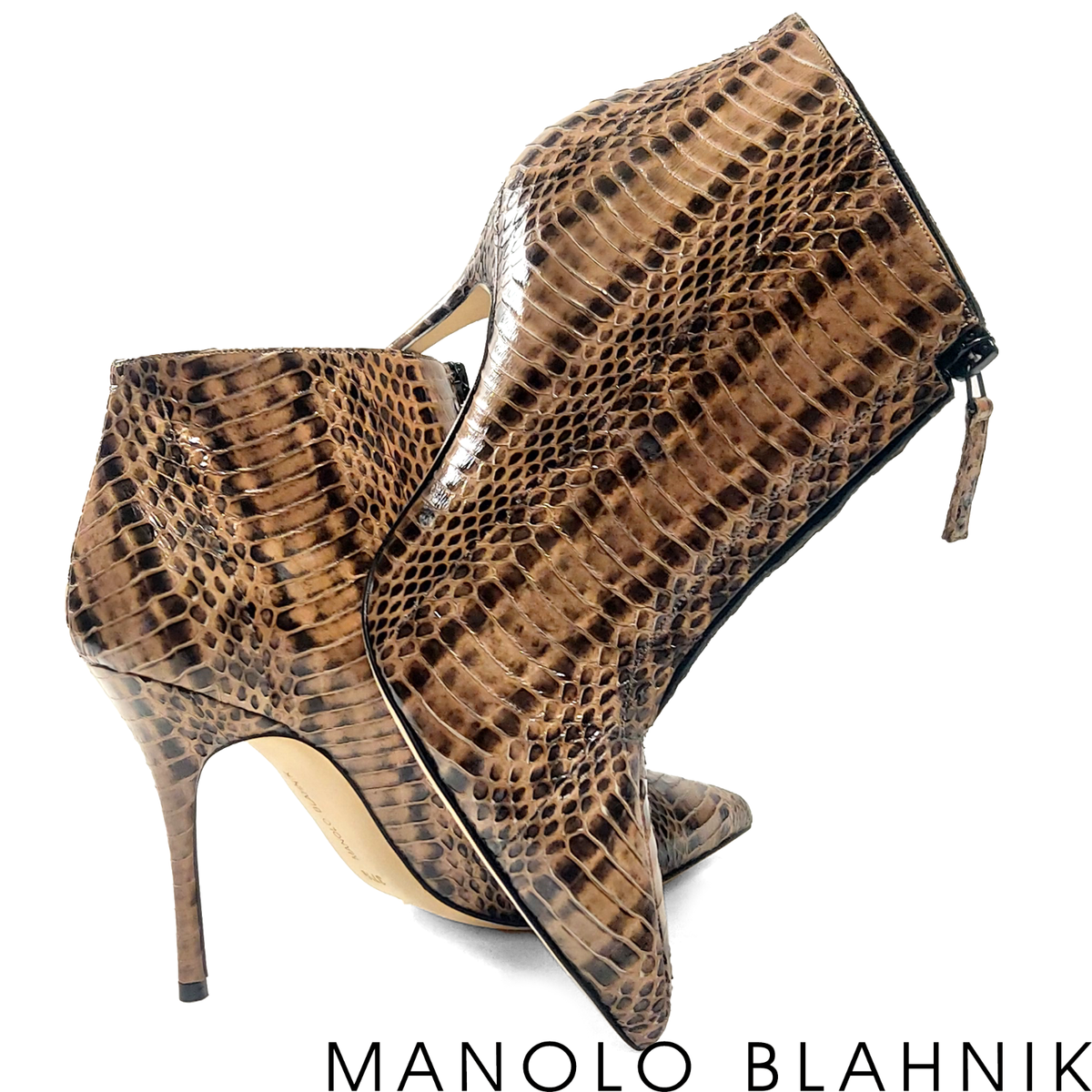 MANOLO BLAHNIK Ifima 105 Snake Print Brown Caramel Leather Ankle