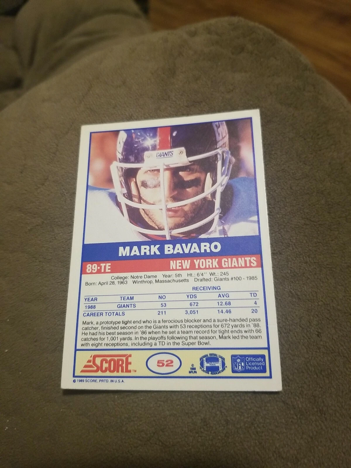 Mark Bavaro 1989 Score Football # 52 New York Giants