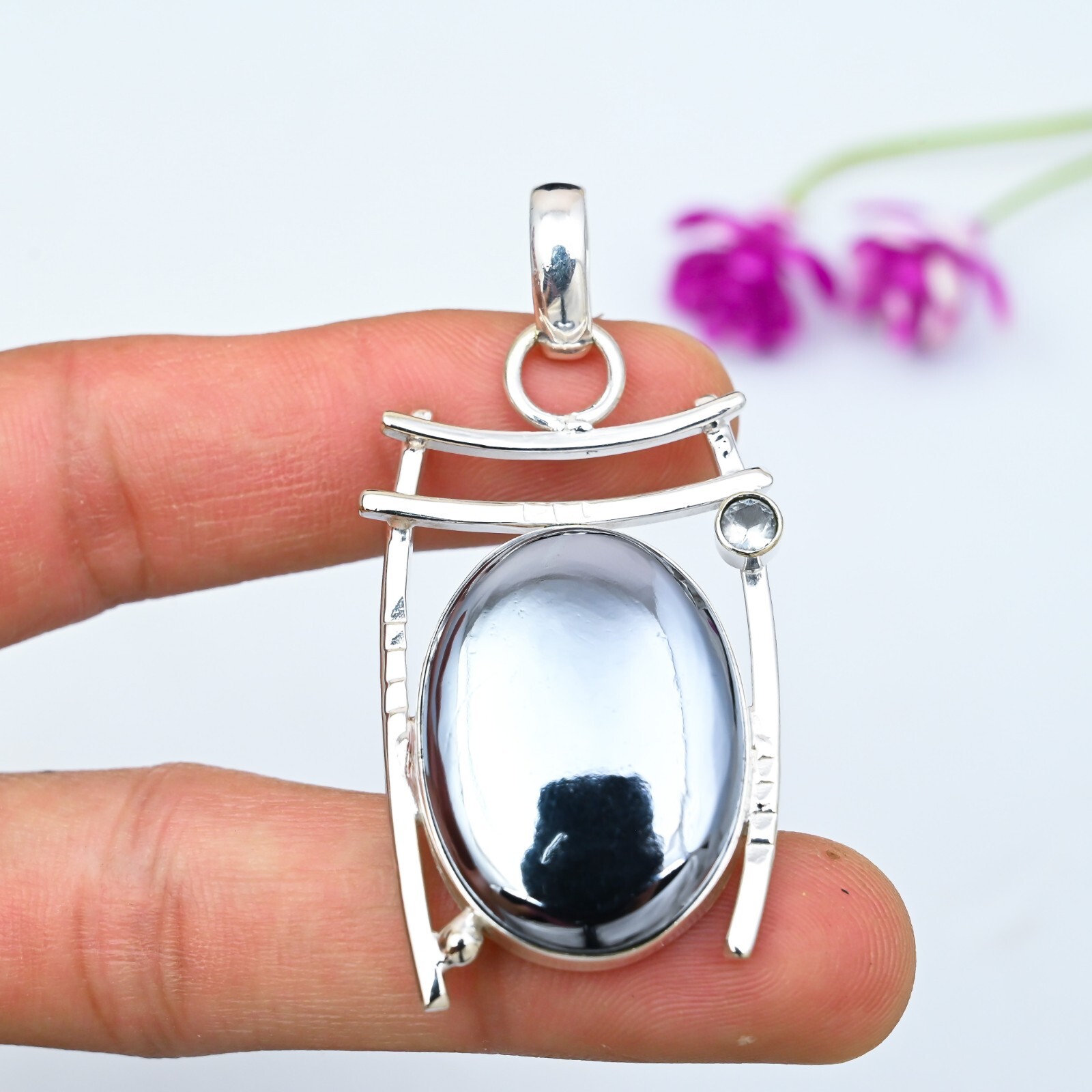 Natural Shungite & White Topaz Pendant in 925 Sterling Silver Jewelry Gift