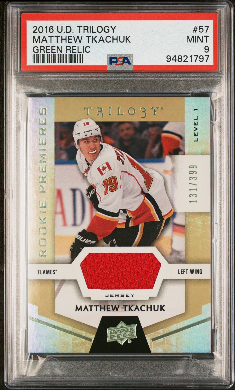 2016 Trilogy Premieres Level 1 Green Relics /399 Matthew Tkachuk #57 RC PSA 9!!