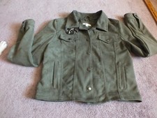 Upcycled Repurposed Adult Lined Velour Olive Jacket Down East Size S Flower Pin