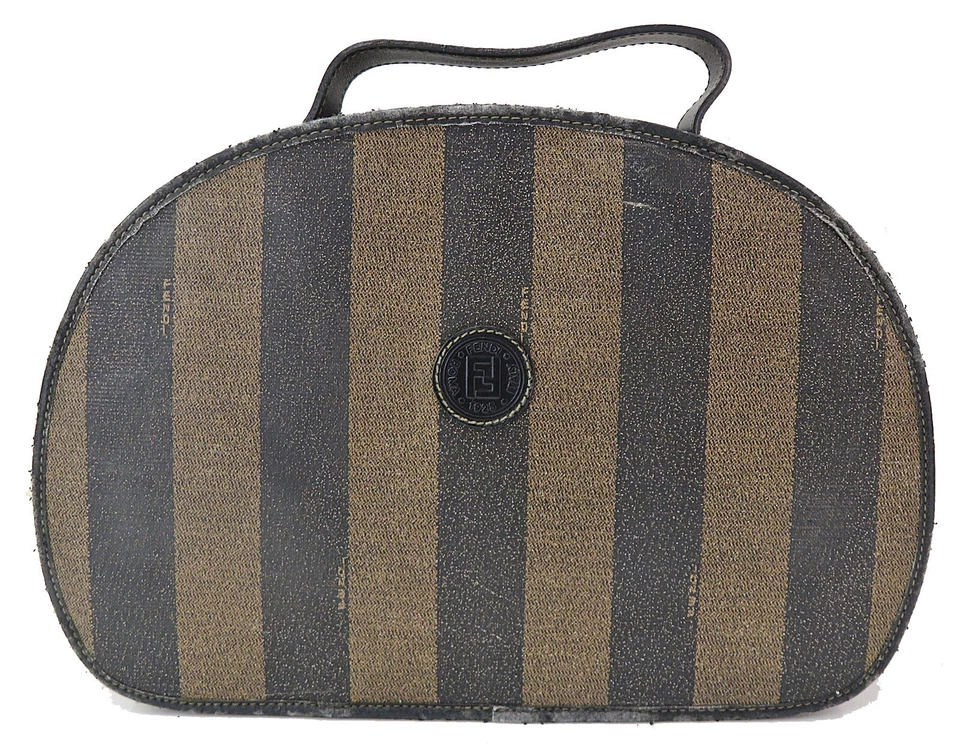 Auténtico bolso de mano FENDI de lona y cuero a rayas negras y marrones de PVC #51934B Foto 2 de 4
