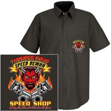 Old School Thunder Road Speed Demon Devil Speed Shop Gasser Race Car Work Shirt