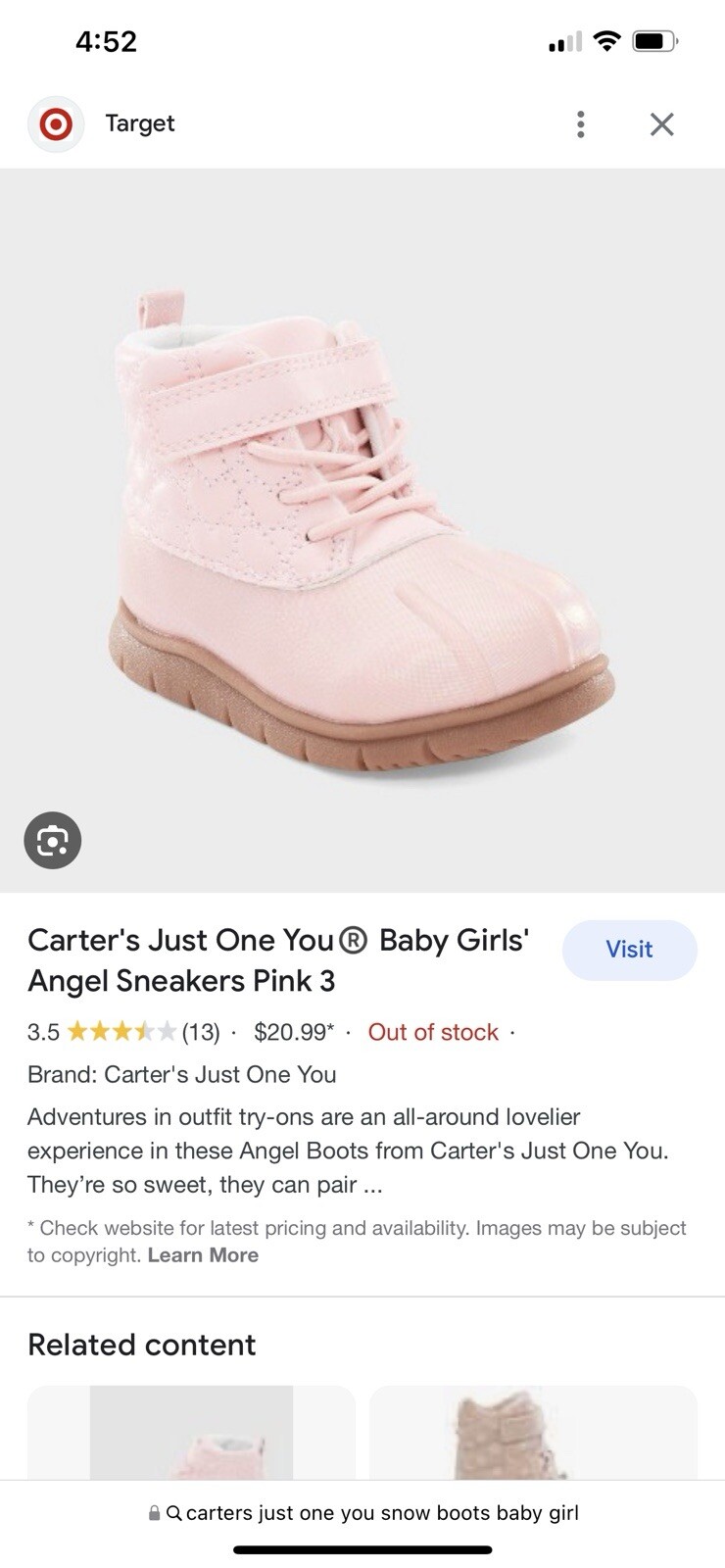Carter's Just One You Baby Girl's Angel Duck Boots Rose Gold Shoes Toddlers Pink