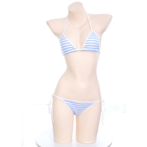 Sexy Anime Style Stripe Lingerie Bra Set String Tie Cosplay Bikini Sukumizu - Picture 13 of 21