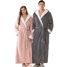 Couples Hooded Flannel Robe, Long Plush Bathrobe, Warm Sleepwear