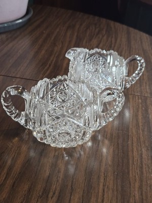 ABP Vintage Cut Crystal Glass Sugar & Creamer Sawtooth Hobstar Handles