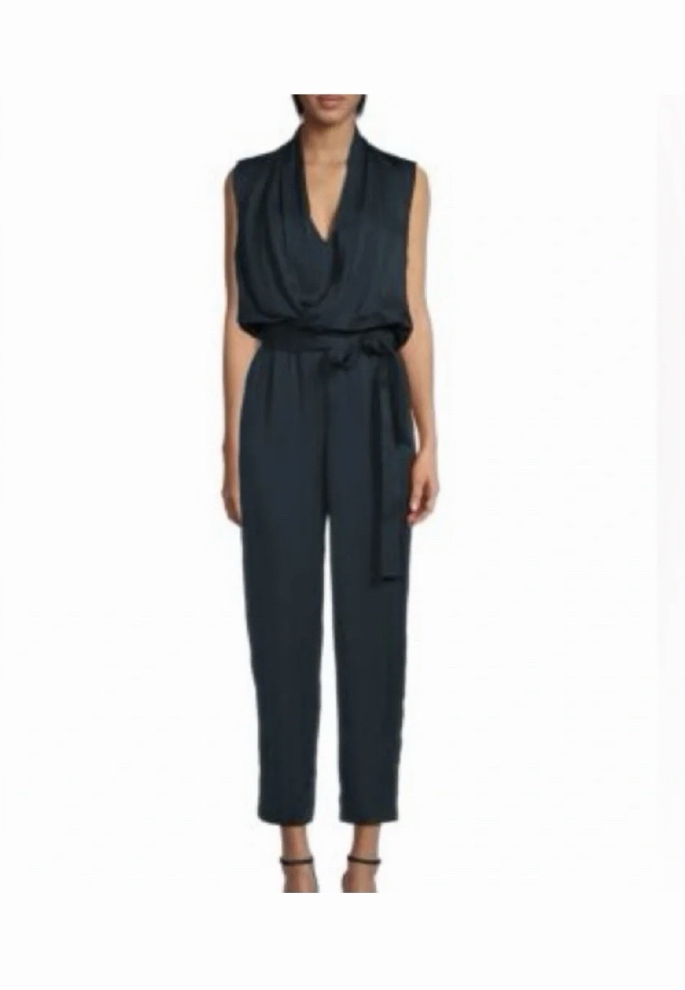Reiss Women’s Blue Viscose Solid Jumpsuit 2 Sleeveless V-Neck Tie Waist Pockets